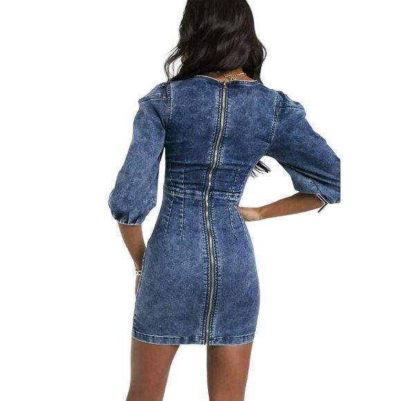 ⭐Parisian denim puff sleeve bodycon mini  Women's dress Size S acid wash Blue - Picture 2 of 7